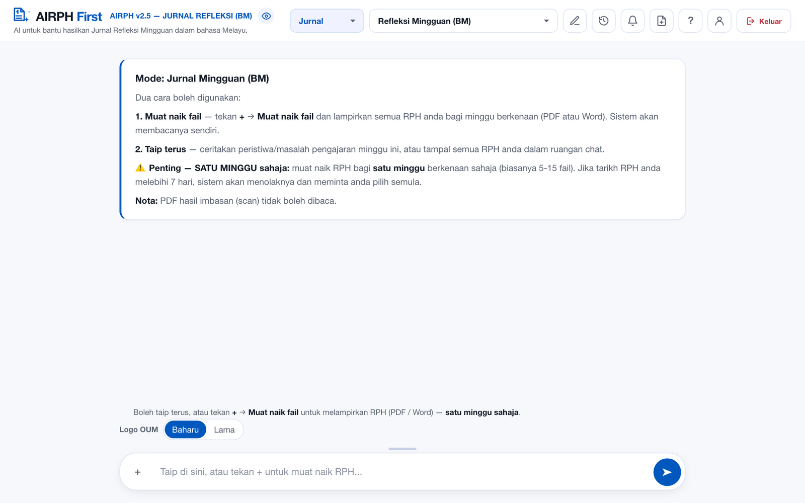 Skrin AIRPH dalam mod Jurnal Refleksi Mingguan